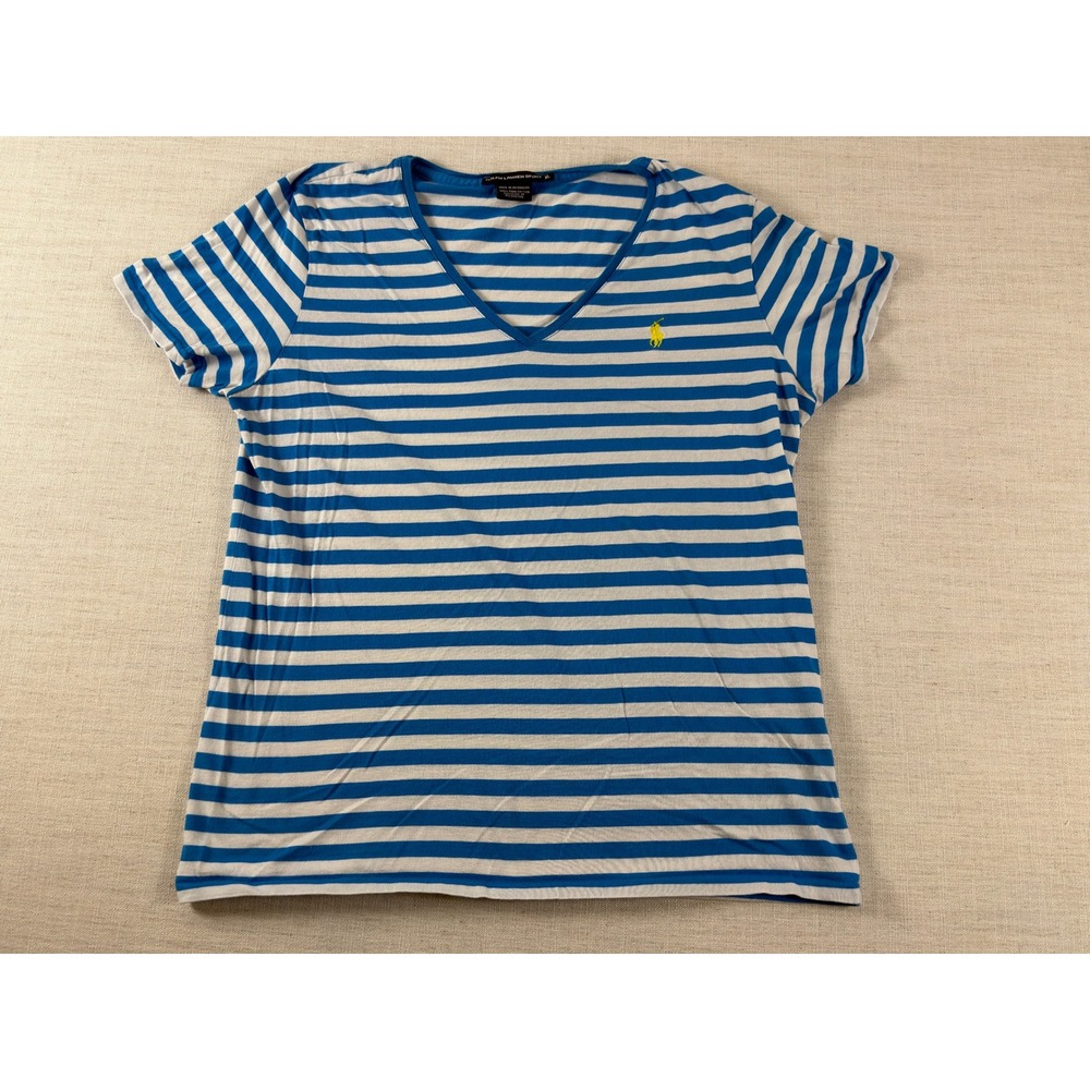 Ralph Lauren Sport Blue White Striped Pima Cotton V-Neck Tee XL Pony Logo